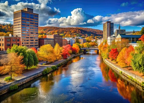 Vibrant autumn foliage surrounds the serene Chenango River flowing through the scenic streets of downtown Binghamton, New York, on a crisp afternoon.