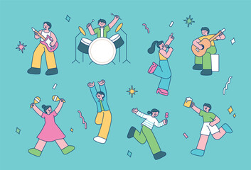 At the festival, a band performs and people dance and have fun.