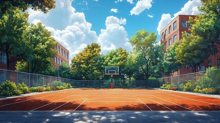 Empty Outdoor Basketball Court with Trees and Buildings in the Background