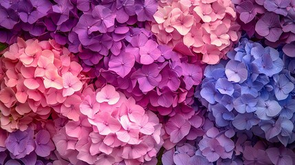 A Gradient of Pink, Purple, and Blue Hydrangea Blossoms