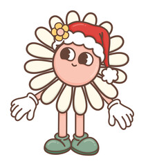 Christmas Flower Hippies Comic Mascot in trendy groovy hippie style.Merry Xmas 70s illustration Happy Winter holidays.