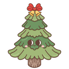 Christmas tree in trendy groovy hippie style.Merry Xmas 70s illustration Happy Winter holidays.