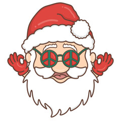 Christmas Santa Hippies Comic in trendy groovy hippie style.Merry Xmas 70s illustration Happy Winter holidays.