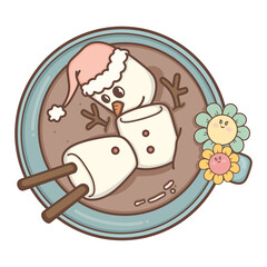 Christmas hot cocoa with marshmallow snowman in trendy groovy hippie style.Merry Xmas 70s illustration Happy Winter holidays.