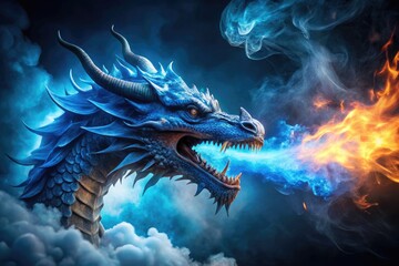 Vibrant blue flames erupt from a mythical dragon's mouth, surrounded by wispy smoke and mist, against a dark, mystical background, evoking ancient legends and magic.