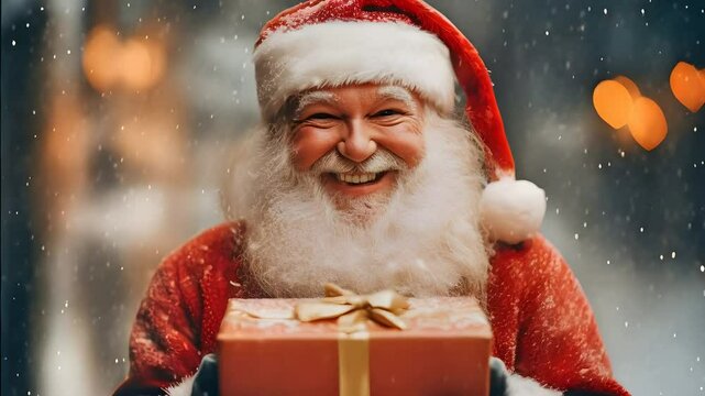 P&egrave;re No&euml;l tenant un cadeau dans la neige 