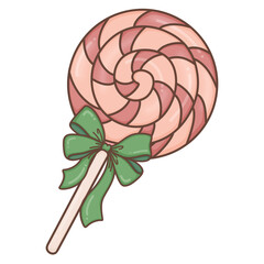 Christmas Candy with ribbon in trendy groovy hippie style.Merry Xmas 70s illustration Happy Winter holidays.