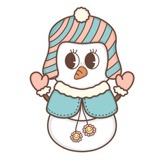 Christmas Cute Snowman in Winter Eskimo costume in trendy groovy hippie style.Merry Xmas 70s illustration Happy Winter holidays.