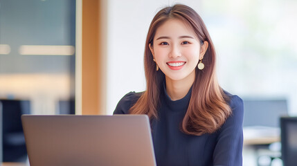 オフィスでノートパソコンを操作している日本人女性