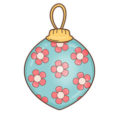 Christmas ball in trendy groovy hippie style.Merry Xmas 70s illustration Happy Winter holidays.