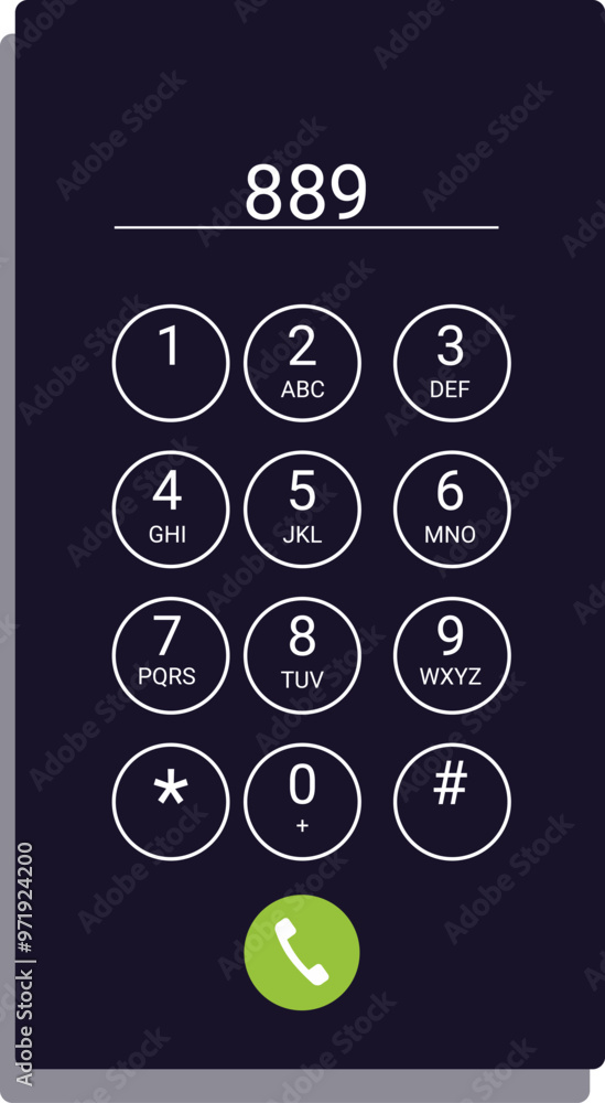 Poster smartphone is showing the number 889 at the top and is waiting for the call button to be pushed