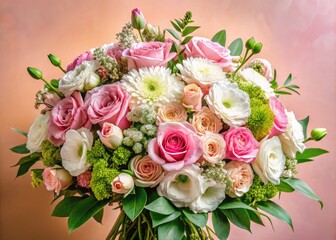 Vibrant bouquet of pink and white flowers amidst lush greenery, beautifully arranged on a pastel-colored background, radiating warmth and love for a special celebration.