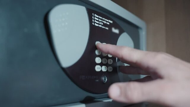 Person with flashlight trying to open safe box or vault but fails with code. Thief or burglar looking to open small hotel safe but does not know the correct code or lock combination and is frustrated