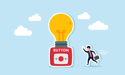 A businessman running and trying to press a button to turn on a light, illustration of Racing against time to generate ideas and innovations for a business and its growth