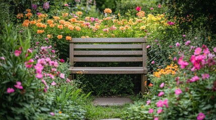 Wooden Bench Nestled in a Garden of Pink and Orange Flowers