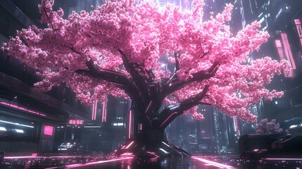 A futuristic, high-tech sakura tree with cool metallic branches, illuminated by neon pink blossoms in a cyberpunk setting