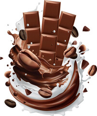 Milk Chocolate coffee splash with Coffee Bean falling, 3d vector.Mesh gradient wes used