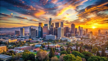 Fototapeta premium Vibrant cityscape of Los Angeles features iconic skyscrapers, gleaming glass towers, and sprawling metropolitan landscape set against a warm, sun-kissed California evening sky.
