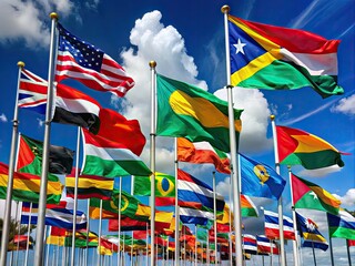 Vibrant collection of flags from African nations, displaying diverse colors, symbols, and designs, waving together in unity, representing cultural heritage and national pride.