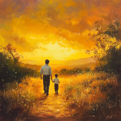 ather and son walking on path in golden sunset landscape