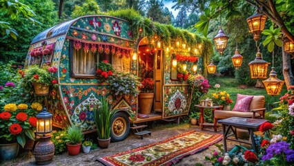 Fototapeta premium Vibrant colorful caravan adorned with flowers, lanterns, and tapestries, surrounded by lush greenery, evoking a sense of free-spirited nomadic adventure and bohemian charm.
