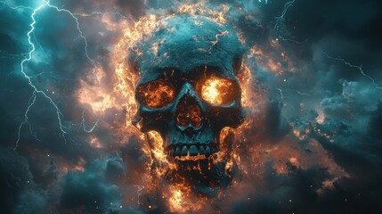 A menacing skull surrounded by fiery clouds and lightning.