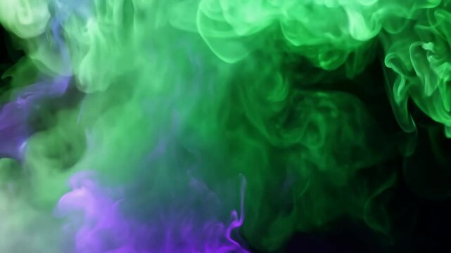 Animation of abstract colorful swirling smoke on black background. Mystic green and purple effect for Halloween. Smoking  cigarette, stop smoking campaign