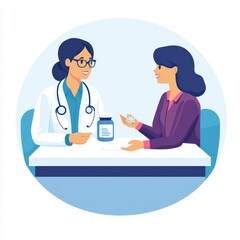 Senior woman talking to a pharmacist, medication consultation, flat design, bright colors, isolated on white background