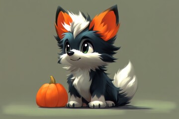 A cute cartoon puppy with orange ears sitting beside a small pumpkin.