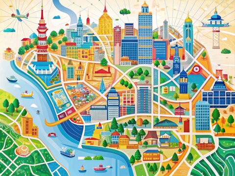 Vibrant colorful illustration of Taipei city map showcasing major landmarks, roads, and neighborhoods on a white background, highlighting the city's modern urban landscape.