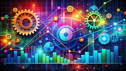 Obraz premium Vibrant colorful infographic elements, including charts, graphs, and gauges, intertwined with gears and cogs, illustrating data analysis, measurement, and performance tracking