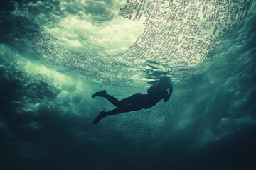 Obraz premium Diver Underwater with Floating Text