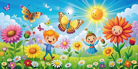 Obraz premium Vibrant colors and playful shapes swirl together in a whimsical illustration of blooming flowers, dancing butterflies, and radiating sunshine, exuding happiness and carefree delight.