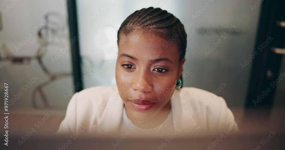 Wall mural Computer, confused and businesswoman in office reading email for international investment client. Communication, tech and female financial manager with revenue report for stock market cryptocurrency.