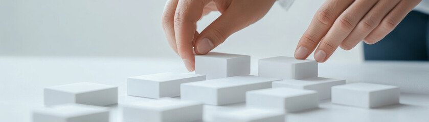 Building geometric abstract structure with hands adjusting strategy, this image captures focused moment of creativity and design