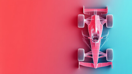 A top down wireframe of race car showcases intricate design details in vibrant gradient background. transparent lines create striking visual effect, emphasizing cars aerodynamic shape