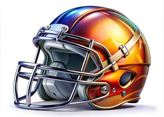 Fototapeta premium Vibrant, detailed illustration of a modern football helmet with intricate facemask, shining chrome accents, and bold team colors, set against a clean white background.