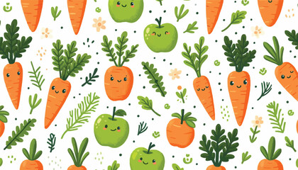 Seamless background pattern of organic farm fresh fruits and vegetables. 