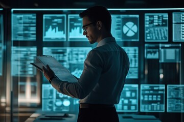 Fototapeta premium Man Analyzing Data on Digital Screens