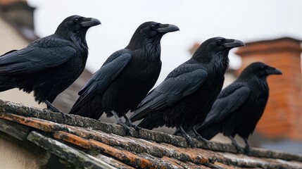 Fototapeta premium Four black crows are perched on a roof