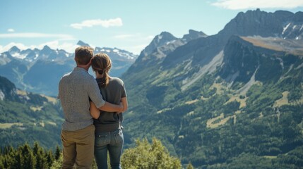 Obraz premium A couple holding each other close while overlooking a mountain range, hands resting gently on each others backs, smiles on their faces