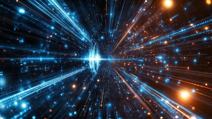 Naklejka premium Abstract Digital Tunnel with Blue and Orange Lights