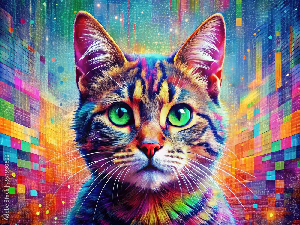 Fototapete vibrant digital illustration of a whimsical cat crafted from colorful square pixels, surrounded by s
