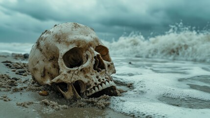 A weathered skull resting on a sandy beach with turbulent waves in the background.