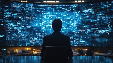 A businessman presenting data on a large digital screen in a futuristic boardroom