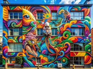 Vibrant, eclectic mural covers urban building facade, featuring swirling shapes, bold typography, and abstract creatures in a kaleidoscope of colors, adding energy to city streetscape.