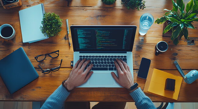 IT professional coding on laptop surrounded by tech gadgets