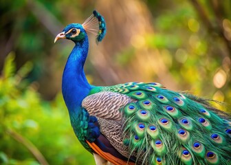 Obraz premium Vibrant female peafowl stands proudly, showcasing her stunning iridescent plumage, delicate feathers, and elegant neck, set against a muted natural background.