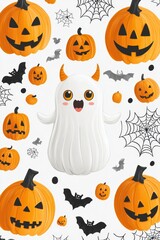 A festive Halloween pattern featuring pumpkins, ghosts, bats, and spider webs.