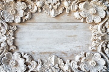 White Floral Carving Surrounding a Weathered Wood Panel